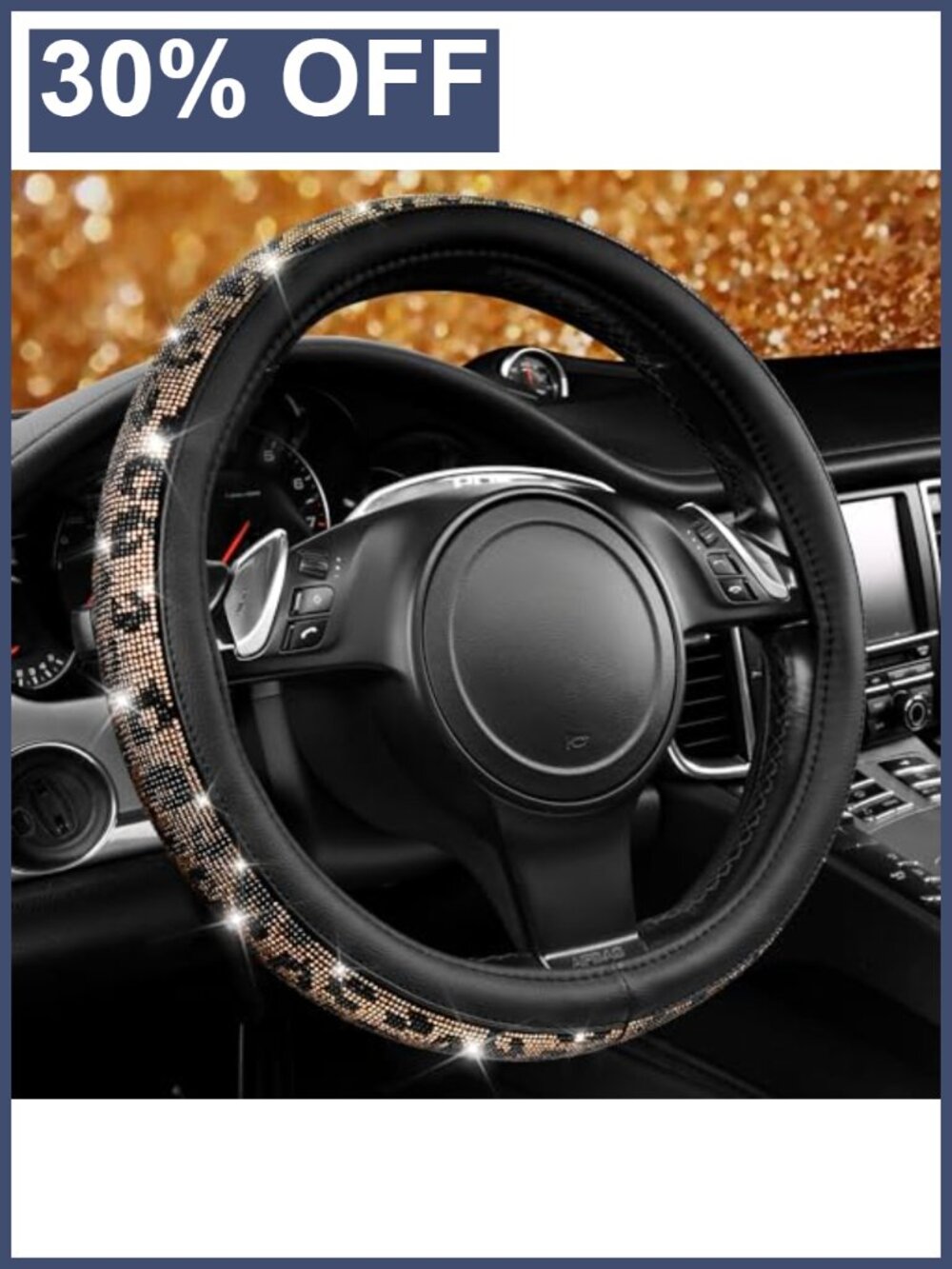 Bling Diamond Steering Wheel Cover Leopard Pattern PU Leather Sparkly Crystal